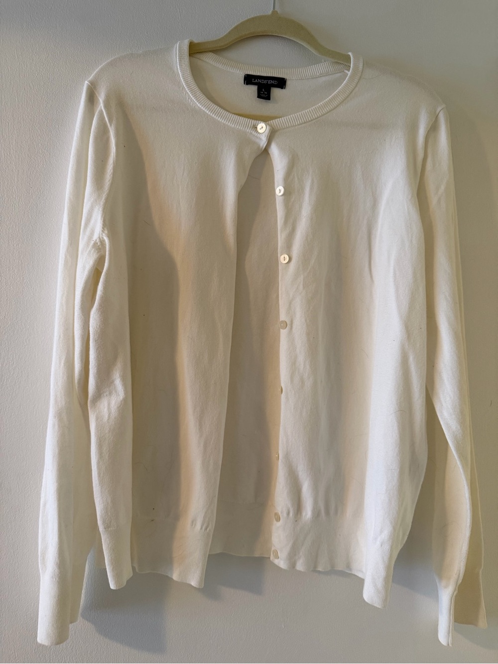 Lands' End White  Crewneck Button Cardigan